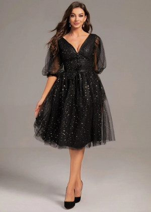 Elbow Sleeves Black Starry Tulle Cinched Waist Party Dress